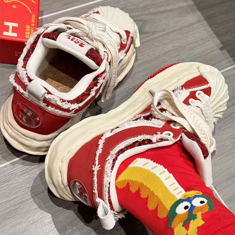 Zodiac Dragon New Year Edition Street Bread Shoes Thick-soled Height-enhancing Dissolving Shoes Red Sneakers Unisex Couple Fashion Shoes