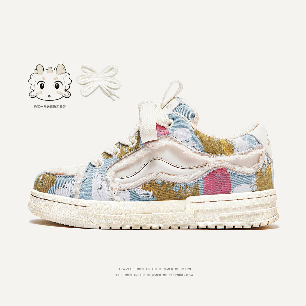 New Year's Edition Original Denim Graffiti Couple Shoes Men's Fashion Shoes Thick-soled Sneakers Street Bread Shoes Men's and Women's Shoes