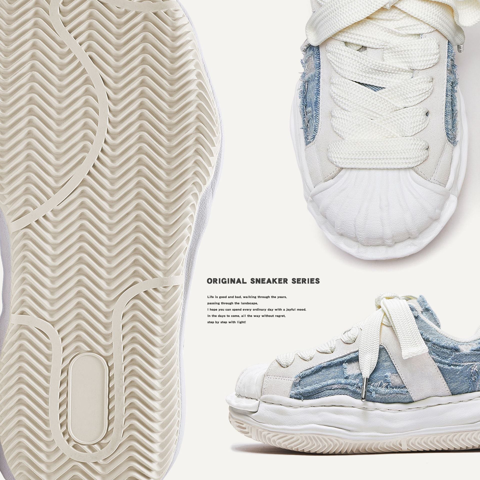 Destruction aesthetics, deconstruction, dissolving shoes, washed denim, old shoes, trendy shoes, unisex, men's shoes